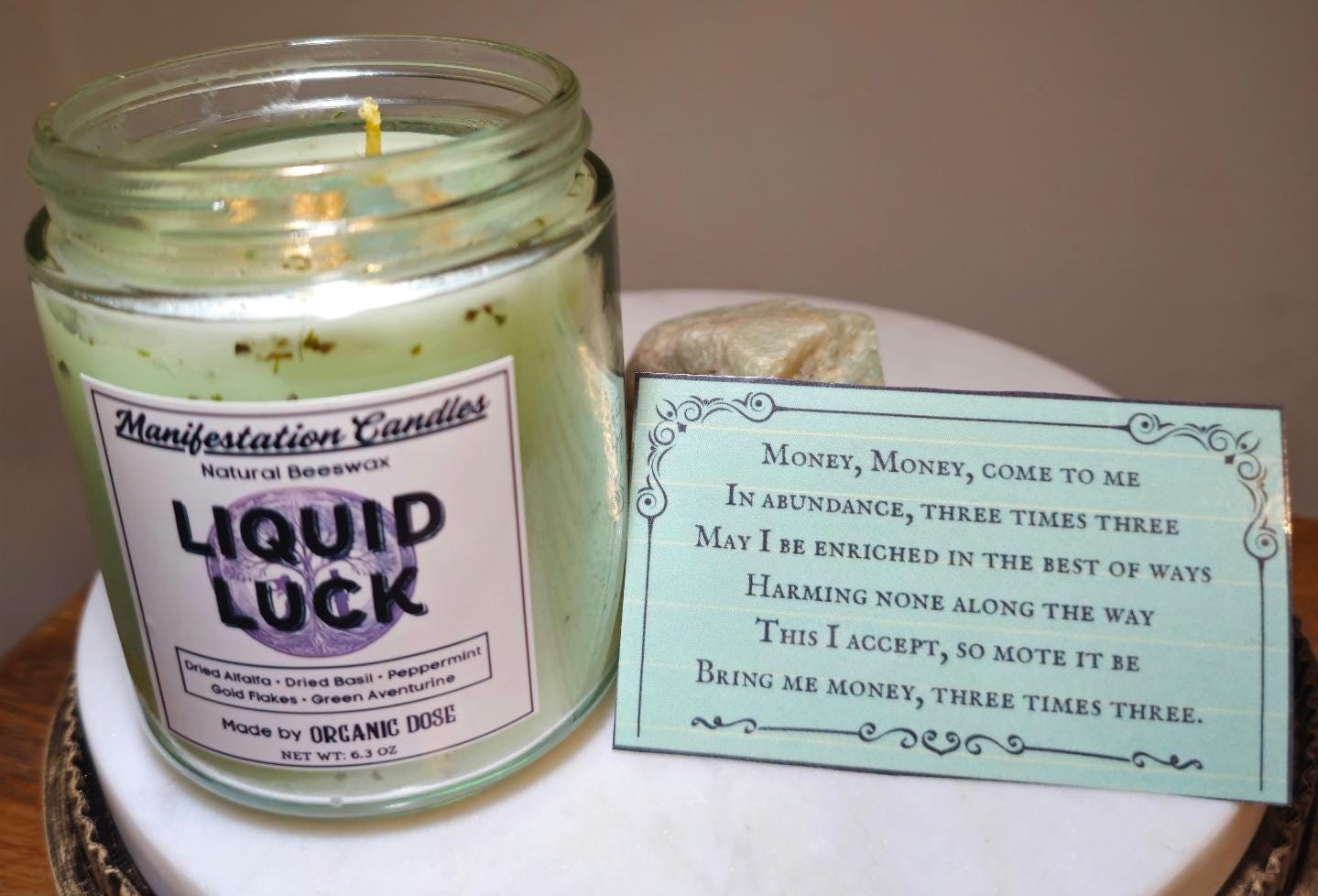 Liquid Luck Manifestation Candle, Natural Handmade Beeswax Candles, Money Spell for Good Fortune, Includes a Money Prayer