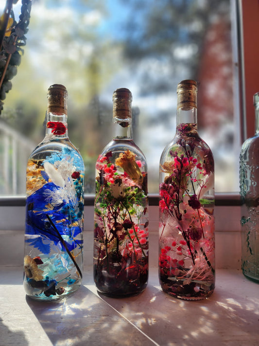 Decorative Wine Bottles with Floating Dried Flowers